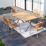 Moderner einfacher Stil Aluminium Outdoor Armlehnenstuhl, nestbar und stapelbar in natürlicher Ausführung, 4 Stühle, 4 Stühle