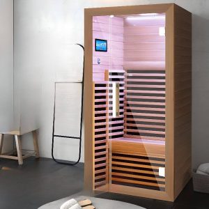Beige Indoor-Holz-Fernbedienungs-Far-Infrarot-Sauna mit Tür(en), Steuerpanel und Boden, 38"L x 40"B x 77"H