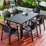 Modish 7-teiliges Mitternachtsschwarzes flammhemmendes synthetisches Sitzgarnitur-Patio-Essset mit Tisch und Stühlen, 71"L x 35.5"B x 31.5"H, Tisch & 6 Stühle