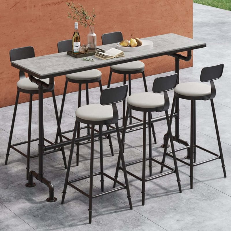 7-teiliges industrielles Metall Outdoor-Terrassen-Bar-Esszimmer-Set mit rechteckigem Tisch und Stühlen