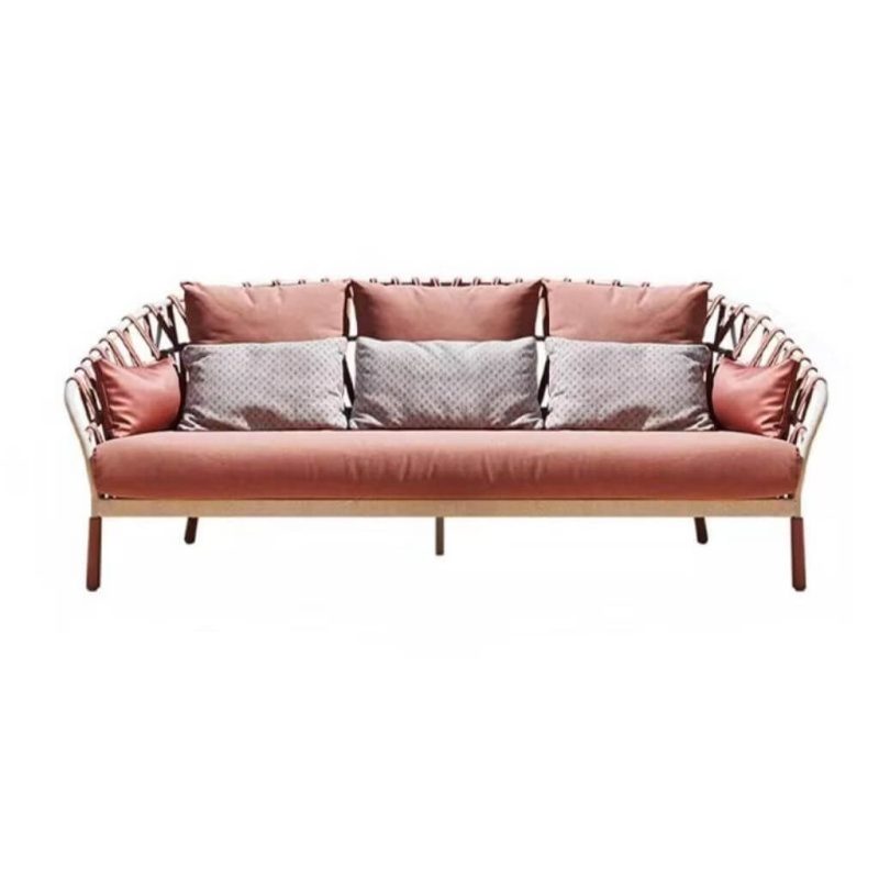 Elegantes Mehrsitz-Sofa mit Pfingstrosen-Stoffbezug, Kakaometallrahmen und grauen Kissen - 3-Sitzer Sofa