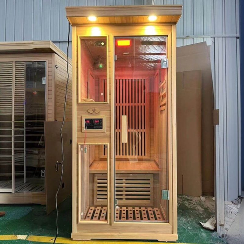 Beige Holz Indoor veränderbare Temperatur Ferninfrarot-Saunen mit Tür(en), Bedienfeld und Boden