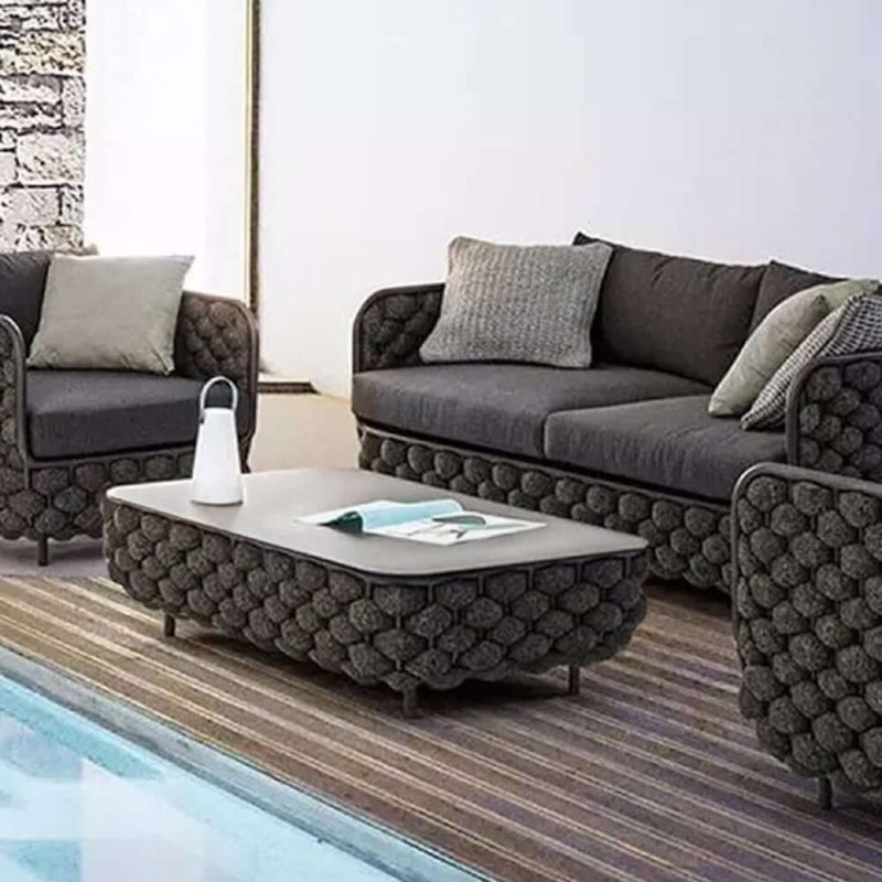 Martic Moderner Aluminium & Seil & Sinterstein-Tischplatte Outdoor-Patio-Couchtisch in Schwarz