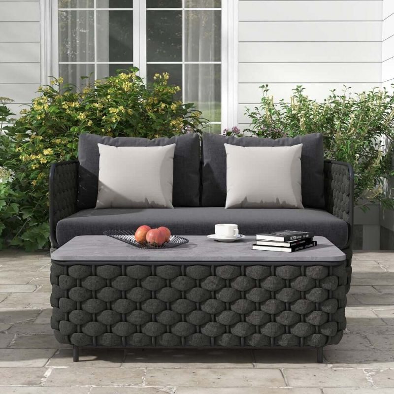 Martic Moderner Aluminium & Seil & Sinterstein-Tischplatte Outdoor-Patio-Couchtisch in Schwarz