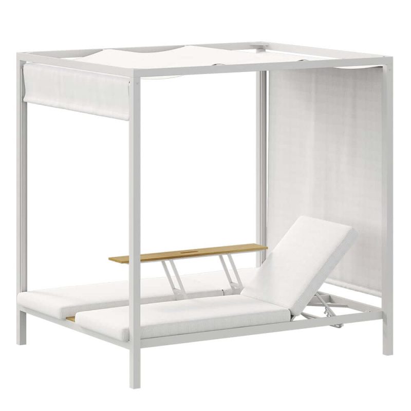 2-Personen weißes Aluminium Outdoor-Patio-Daybed mit Baldachin & Walnuss-Hebetisch-Coffee-Tisch