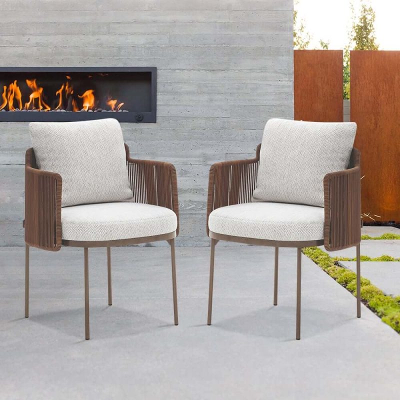 2-teiliges modernes Aluminium & Rattan Outdoor-Patio-Esstischstuhl-Set in Beige & Braun