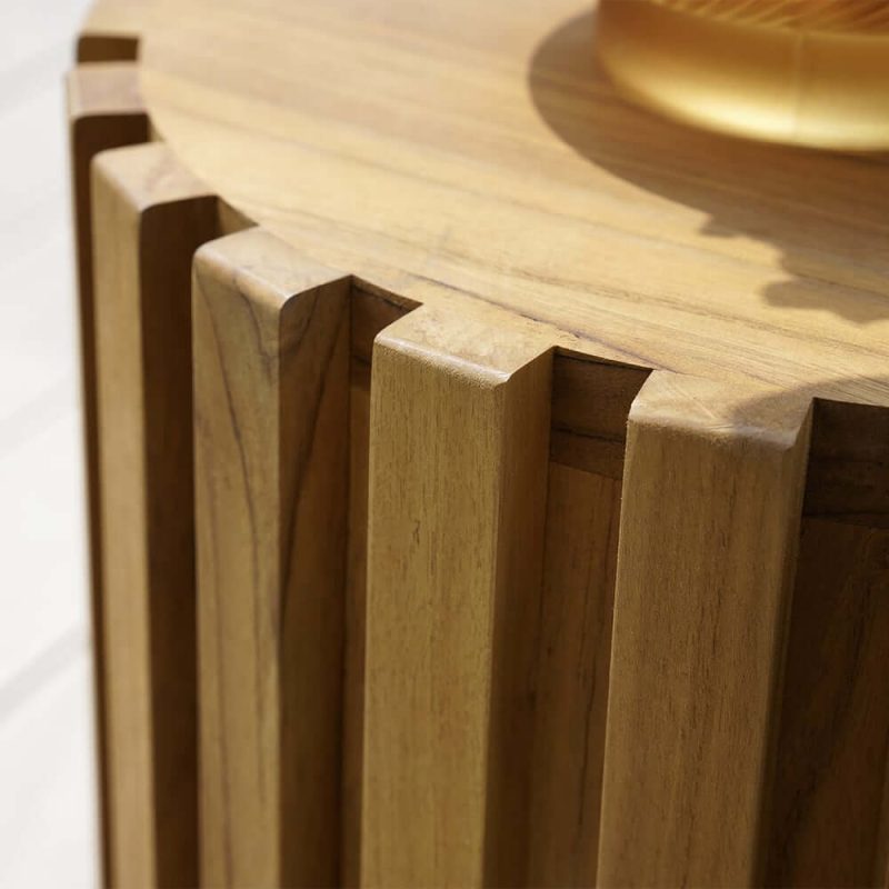 2-teiliges rustikales Rund- & Rechteck-Teakholz-Außen-Couchtisch-Set in Natur