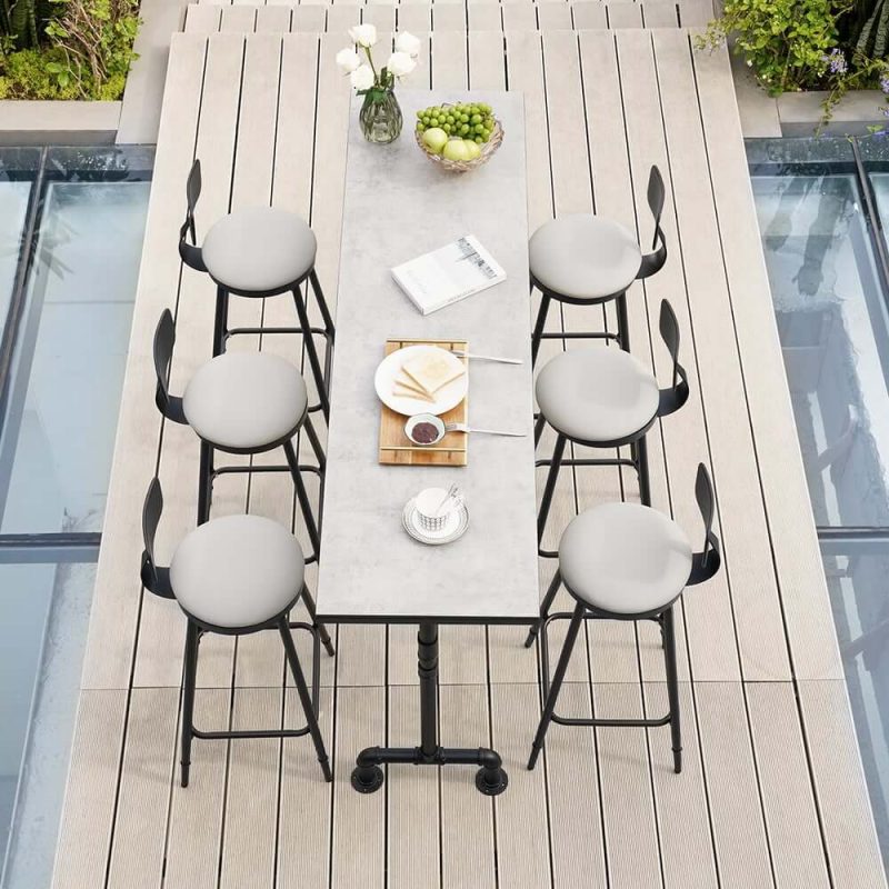 7-teiliges industrielles Metall Outdoor-Terrassen-Bar-Esszimmer-Set mit rechteckigem Tisch und Stühlen