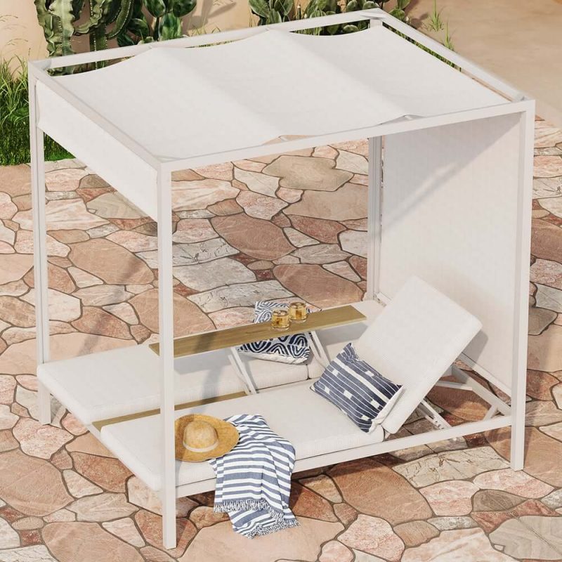 2-Personen weißes Aluminium Outdoor-Patio-Daybed mit Baldachin & Walnuss-Hebetisch-Coffee-Tisch