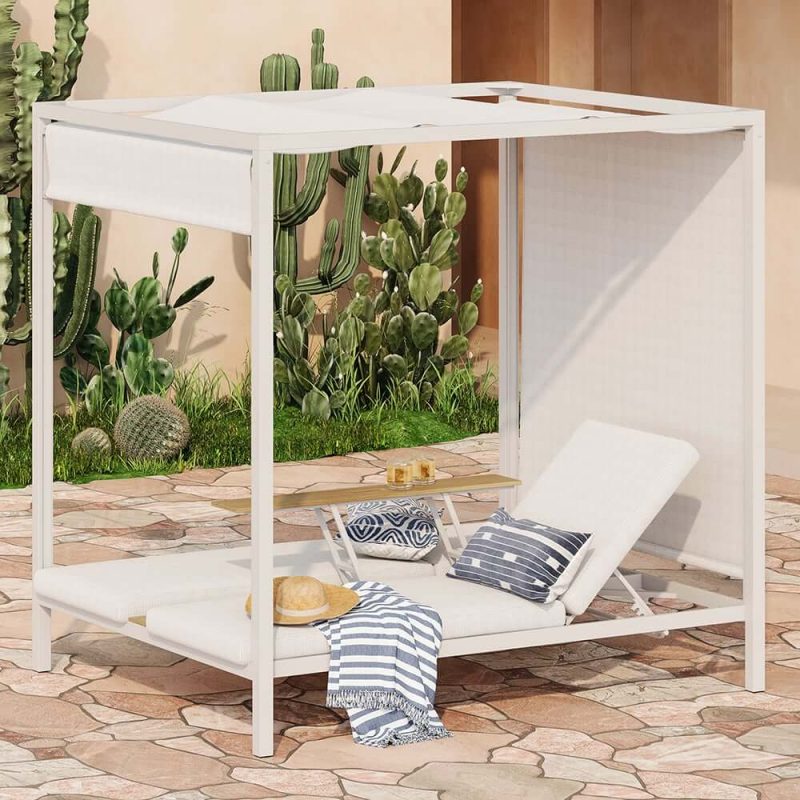 2-Personen weißes Aluminium Outdoor-Patio-Daybed mit Baldachin & Walnuss-Hebetisch-Coffee-Tisch