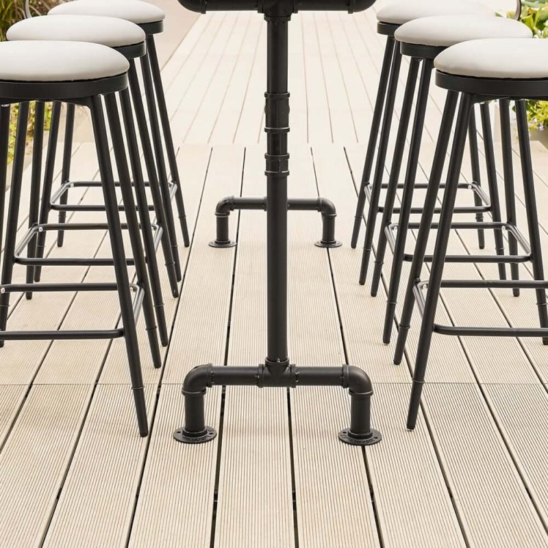 7-teiliges industrielles Metall Outdoor-Terrassen-Bar-Esszimmer-Set mit rechteckigem Tisch und Stühlen