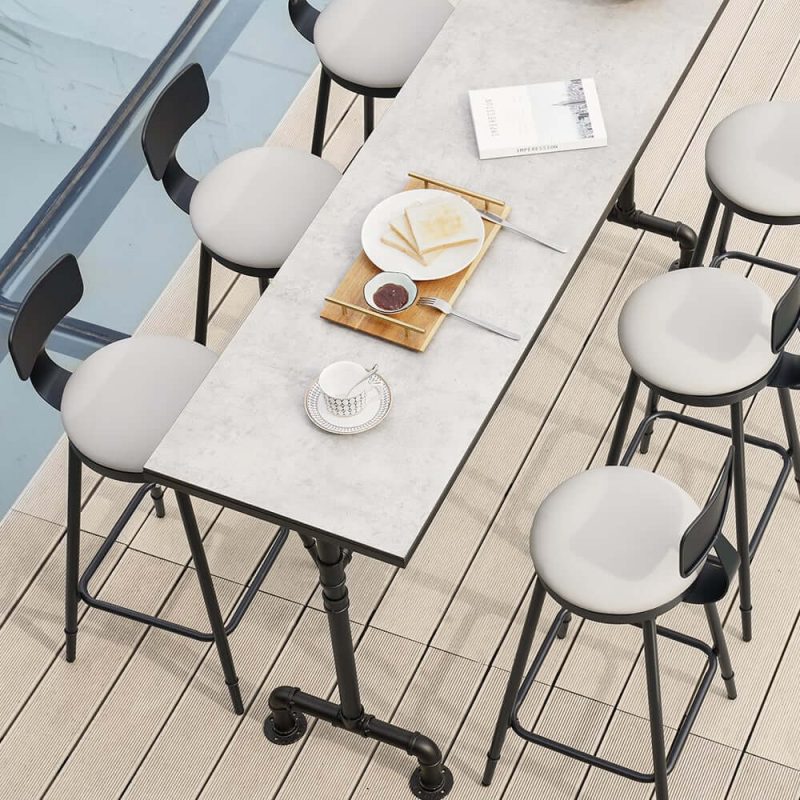 7-teiliges industrielles Metall Outdoor-Terrassen-Bar-Esszimmer-Set mit rechteckigem Tisch und Stühlen