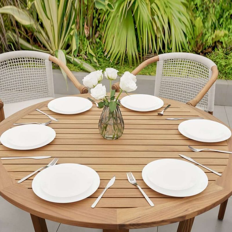 Moderner runder Teakholz-Gartentisch für 6 Personen in Natur
