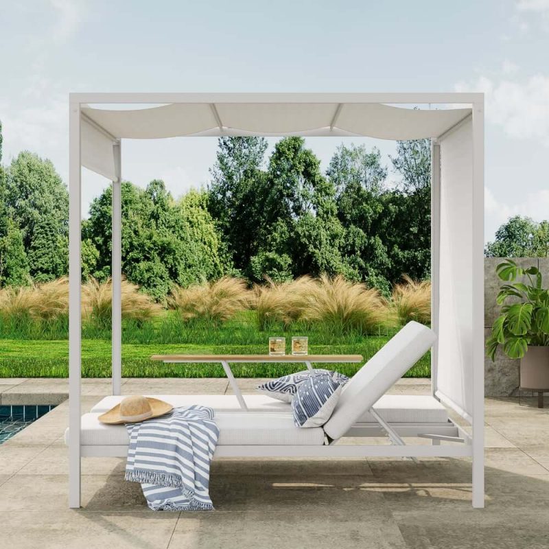 2-Personen weißes Aluminium Outdoor-Patio-Daybed mit Baldachin & Walnuss-Hebetisch-Coffee-Tisch