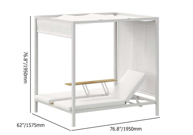 Dimension of 2-Personen weißes Aluminium Outdoor-Patio-Daybed mit Baldachin & Walnuss-Hebetisch-Coffee-Tisch