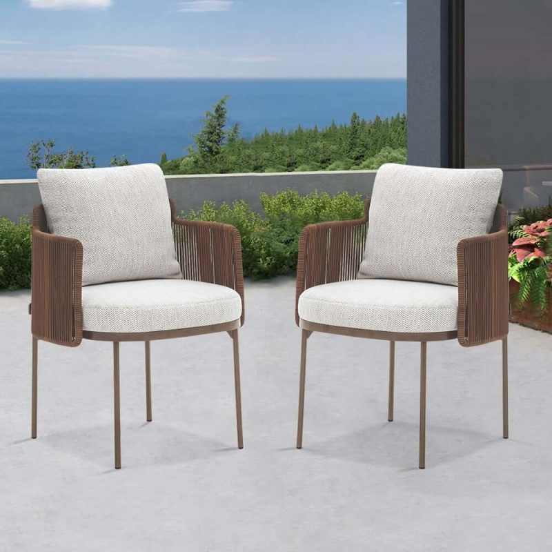 2-teiliges modernes Aluminium & Rattan Outdoor-Patio-Esstischstuhl-Set in Beige & Braun