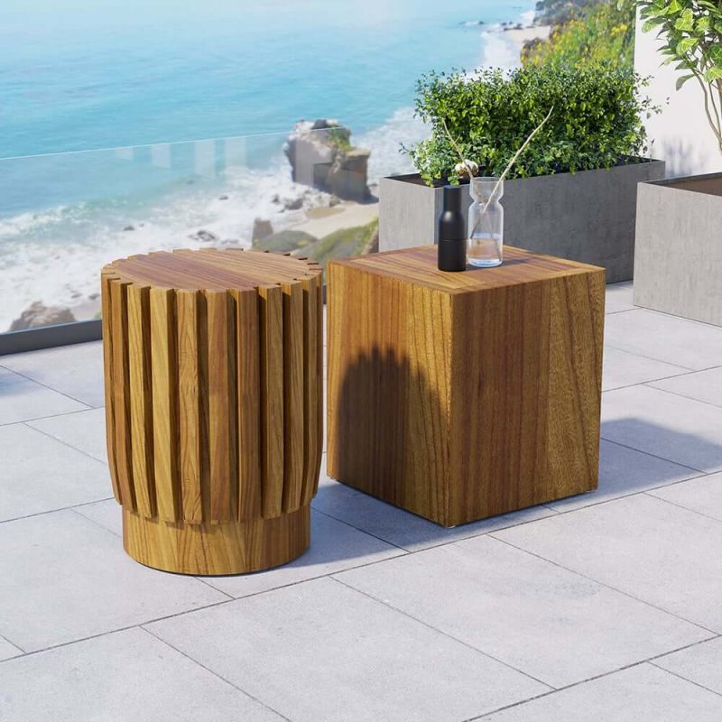 2-teiliges rustikales Rund- & Rechteck-Teakholz-Außen-Couchtisch-Set in Natur
