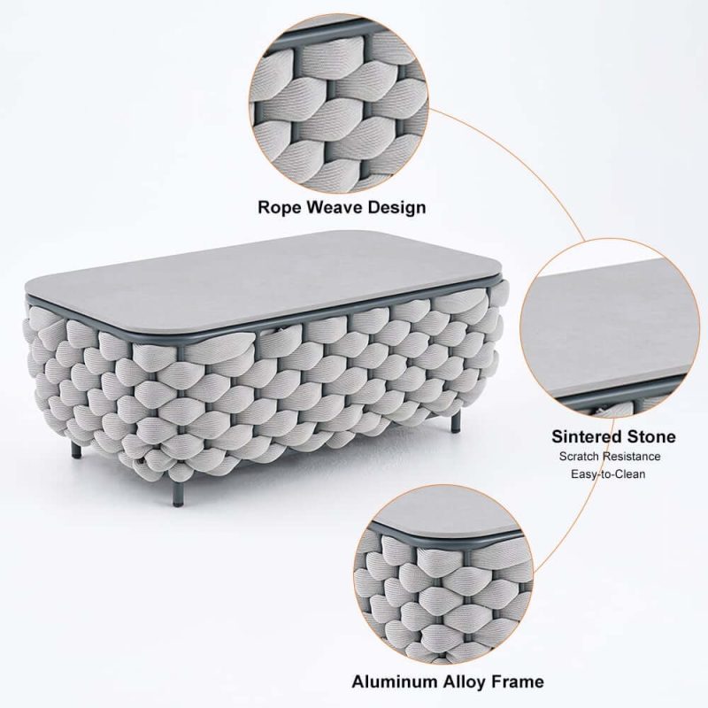 Martic Moderner Aluminium & Seil & Sinterstein-Tischplatte Outdoor-Patio-Couchtisch in Grau
