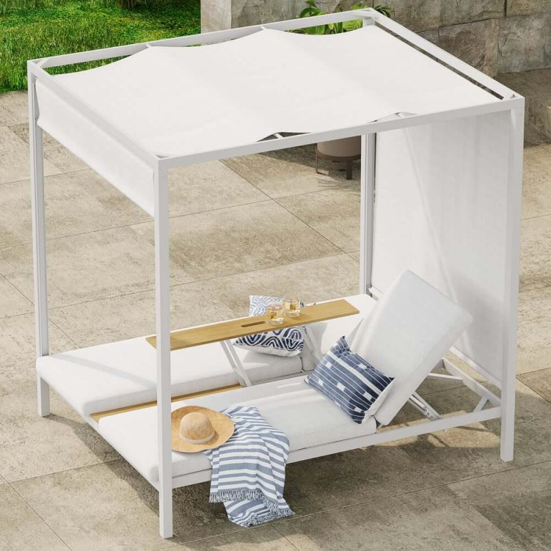 2-Personen weißes Aluminium Outdoor-Patio-Daybed mit Baldachin & Walnuss-Hebetisch-Coffee-Tisch