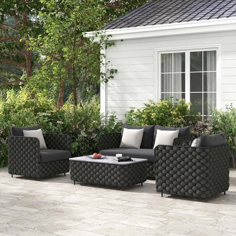 Martic Moderner Aluminium & Seil & Sinterstein-Tischplatte Outdoor-Patio-Couchtisch in Schwarz