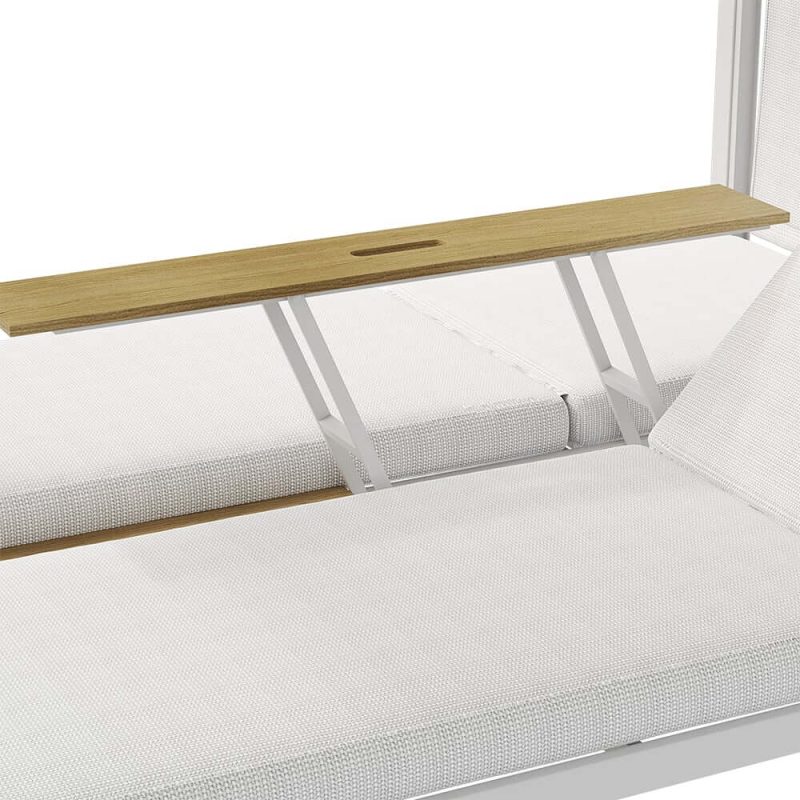 2-Personen weißes Aluminium Outdoor-Patio-Daybed mit Baldachin & Walnuss-Hebetisch-Coffee-Tisch