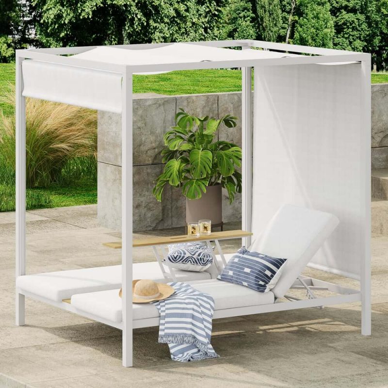 2-Personen weißes Aluminium Outdoor-Patio-Daybed mit Baldachin & Walnuss-Hebetisch-Coffee-Tisch
