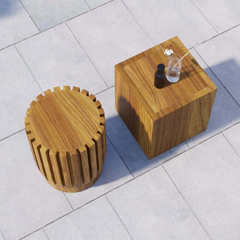 2-teiliges rustikales Rund- & Rechteck-Teakholz-Außen-Couchtisch-Set in Natur