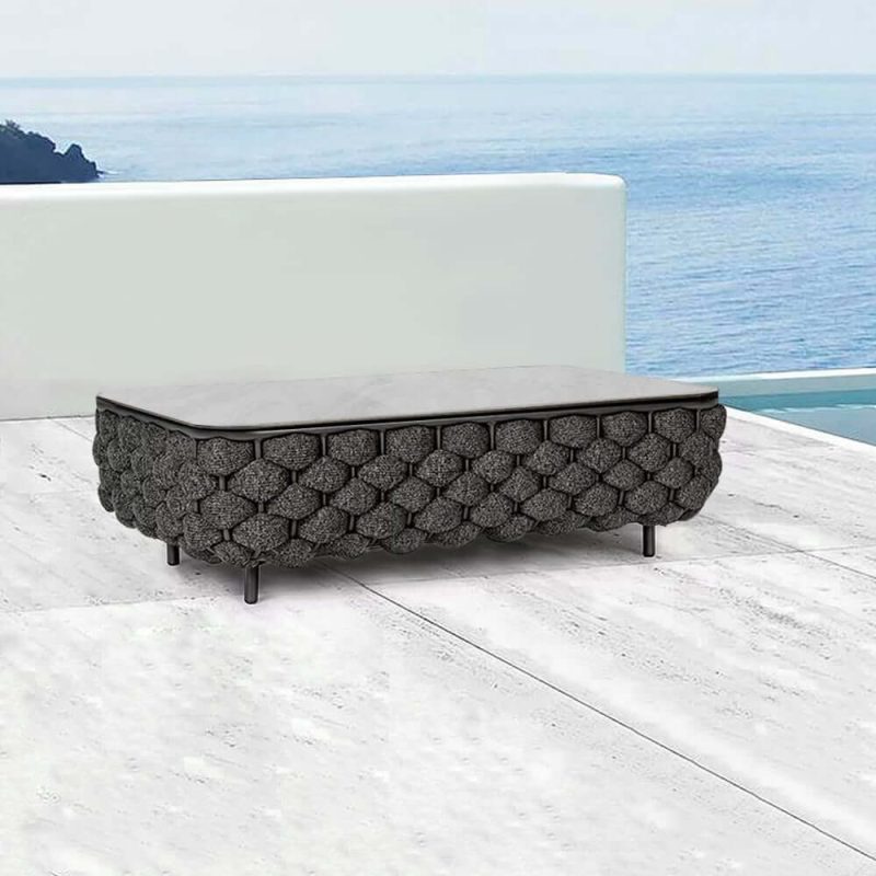 Martic Moderner Aluminium & Seil & Sinterstein-Tischplatte Outdoor-Patio-Couchtisch in Schwarz