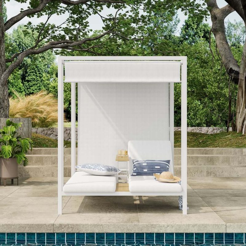2-Personen weißes Aluminium Outdoor-Patio-Daybed mit Baldachin & Walnuss-Hebetisch-Coffee-Tisch