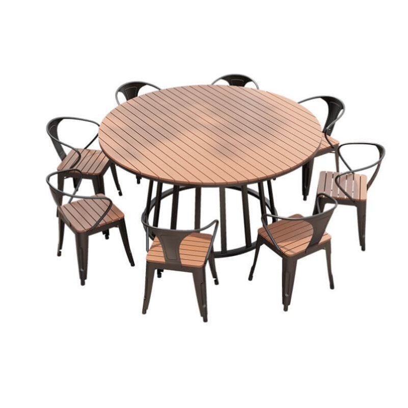 Modisches Outdoor-Essset mit Eisenrahmen, Tisch, Stuhl, 9-teiliges Set, Holzoptik-Tischplatte, wetterfest, 51.2"L x 51.2"B x 29.5"H, Tisch & 8 Stühle