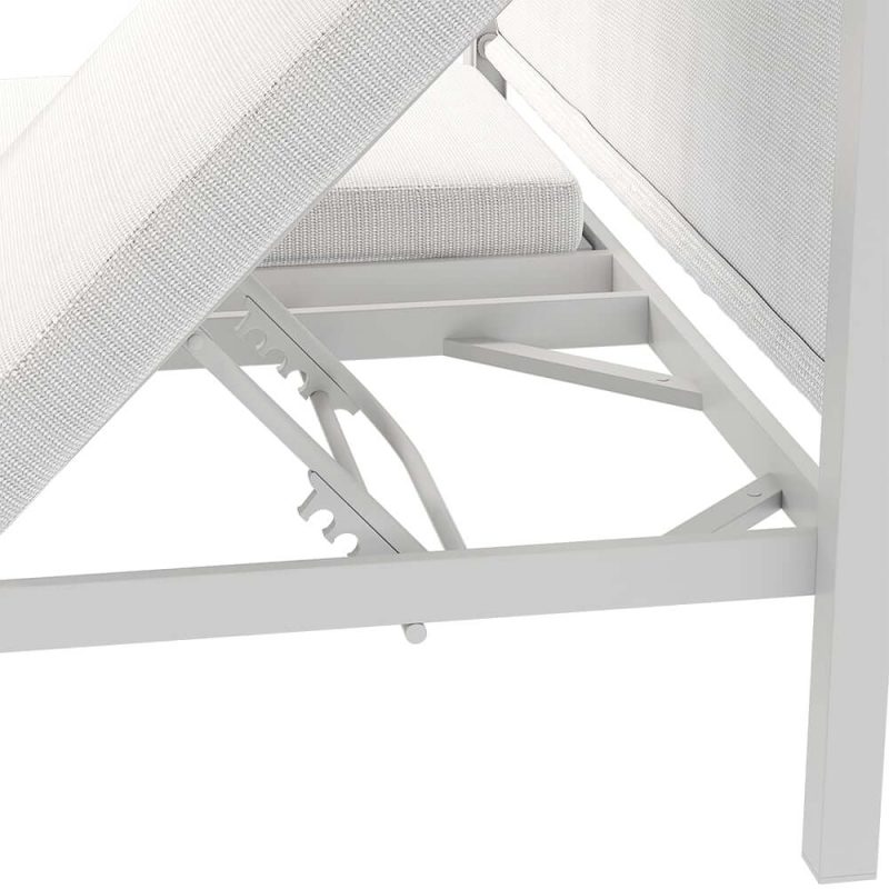 2-Personen weißes Aluminium Outdoor-Patio-Daybed mit Baldachin & Walnuss-Hebetisch-Coffee-Tisch