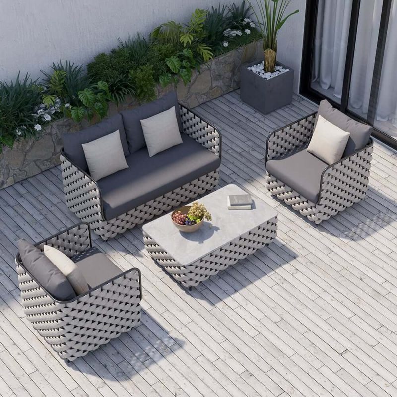 Martic Moderner Aluminium & Seil & Sinterstein-Tischplatte Outdoor-Patio-Couchtisch in Grau