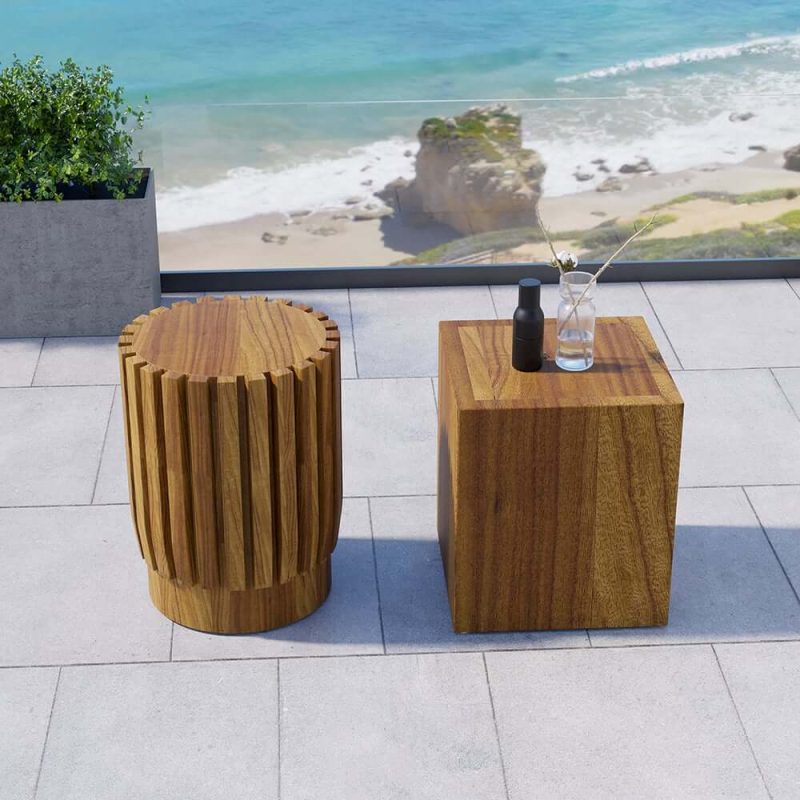 2-teiliges rustikales Rund- & Rechteck-Teakholz-Außen-Couchtisch-Set in Natur
