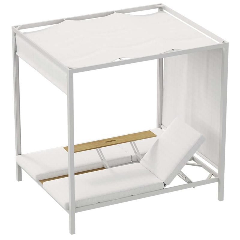 2-Personen weißes Aluminium Outdoor-Patio-Daybed mit Baldachin & Walnuss-Hebetisch-Coffee-Tisch