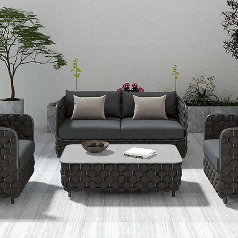 Martic Moderner Aluminium & Seil & Sinterstein-Tischplatte Outdoor-Patio-Couchtisch in Schwarz