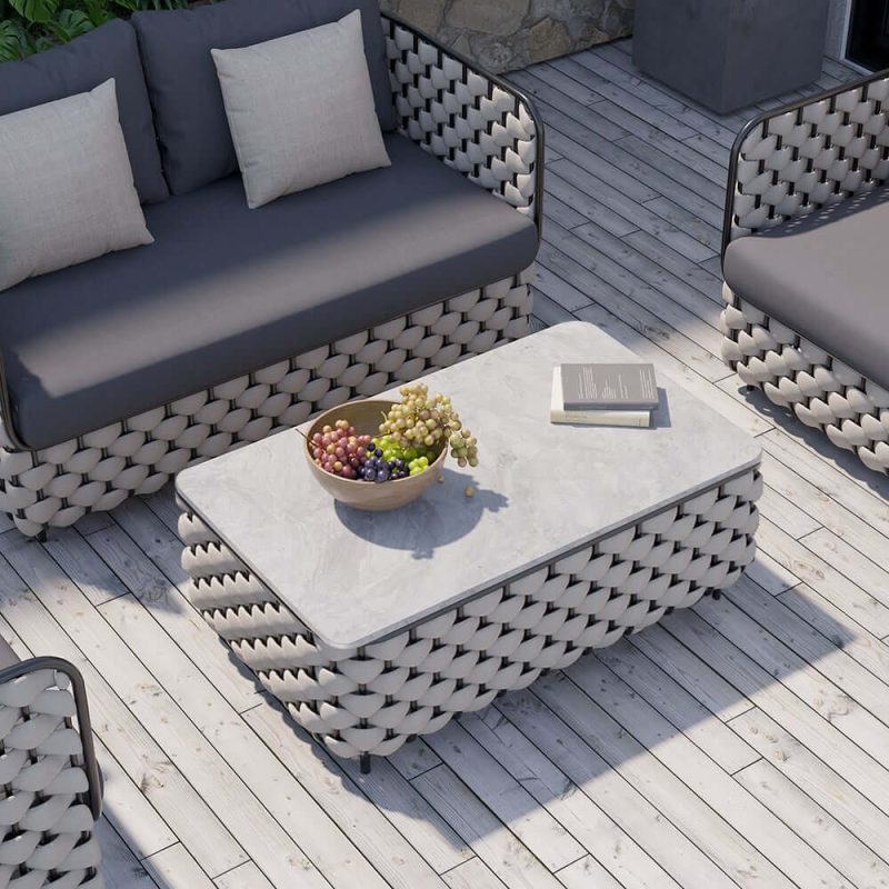 Martic Moderner Aluminium & Seil & Sinterstein-Tischplatte Outdoor-Patio-Couchtisch in Grau
