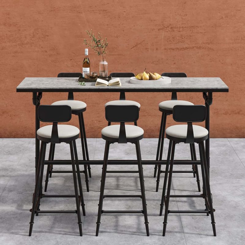 7-teiliges industrielles Metall Outdoor-Terrassen-Bar-Esszimmer-Set mit rechteckigem Tisch und Stühlen