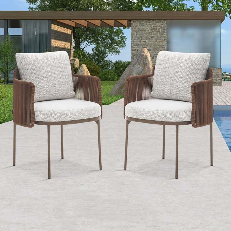 2-teiliges modernes Aluminium & Rattan Outdoor-Patio-Esstischstuhl-Set in Beige & Braun