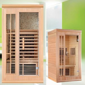 Innenraum-Infrarotsaunen mit gehärtetem Glas, Fernbedienung, MP3-Player-Kompatibilität, Boden, Sitzbank, Bedienfeld, Holzfarbe, 35"L x 35"B x 75"H