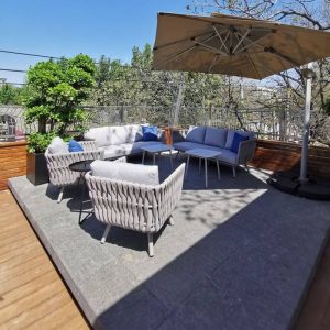 Outdoor-Sofagruppe mit Leinenstoffbezug, Cerulean-Kissen und Kreidetisch, 3-teiliges Set (1 Sessel & 1 Loveseat & 1 Couchtisch)