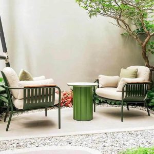 3-teiliges Outdoor-Sofa-Sitzset mit 100% Baumwolle Kreidebezug, Metalltischplatte, grünem Tisch, UV-beständig und Stühlen, 3-teiliges Set (2 Stühle & Tisch)