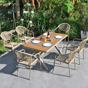 Patio-Essgruppe aus Ingenieurholz in natürlicher Farbe mit Stuhl und Tisch, 5-teilig, wetterfest, minimalistisch, Tisch & 4 Stühle, 51"L x 35"B x 30"H