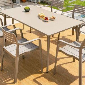 Elfenbeinfarbener, sonnengeschützter runder Outdoor-Esstisch mit Polymer-Verbundsitz, 5-teilig mit Stuhl und Tisch, 31.5"L x 31.5"B x 28.3"H, Tisch & 4 Stühle