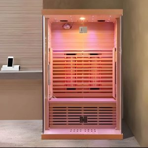 Braune rechteckige Sauna mit einer Tür, LED-Beleuchtung und Bluetooth-Kompatibilität - 47"L x 39"B x 75"H Hemlock