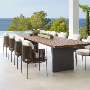 Polsterter 9-teiliger Gartentisch mit UV-blockierender brauner Tischplatte und Stuhl, minimalistischer Stil, 118"L x 35"B x 29"H, Tisch & 8 Stühle