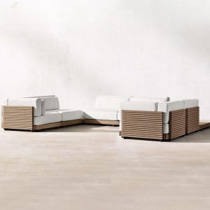 Modisches 6-teiliges Teak Karamell Outdoor-Sofa-Set mit Kreide Synthetikstoff und gepolstertem Rücken, 6-teiliges Set (3 Stühle & 3 Ecksofas)