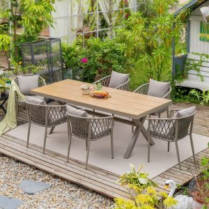 Casual Wood Grain Metal Patio Esszimmer-Set, 7-teilig wetterfest mit Stuhl und Tisch, 87"L x 35"B x 29"H, Tisch & 6 Stühle