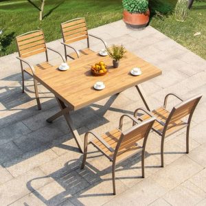 Outdoor-Esstisch mit Holzoptik und Kunstholz-Sitzfläche, wetterfest, 5-teilig, Stühle & Tisch, moderner Stil, 51,2"L x 31,5"B x 29,5"H, Tisch & 4 Stühle