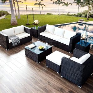 7-teiliges Set Outdoor Sofa Sitzgruppe mit durchscheinendem Tisch, azurblauem Kissen, Ottoman, 3 Tischen, 7-teiliges Set (2 Stühle & 3-Sitzer Sofa & Ottoman & 3 Tische)