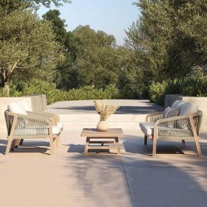 4-teiliges Outdoor-Sofa-Konversationsset mit Textilbezug, Karamell natürlicher Holztisch, Sofa, weißes Kissen, UV-beständig, 4-teiliges Set (2 Stühle & 1 3-Personen-Sofa & 1 Couchtisch)